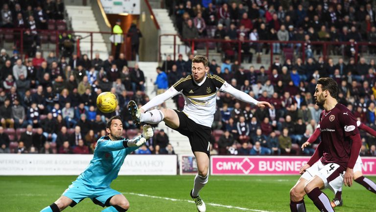 Aberdeen's Simon Church clips the ball past Hearts keeper Neil Alexander as the Dons open the scoring at Tynecastle