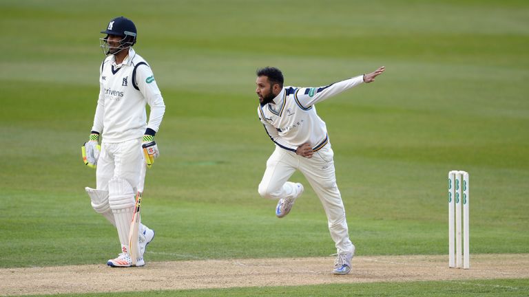 Adil Rashid of Yorkshire bowls during day three of the Specsavers County Championship Division One match against Warwickshire