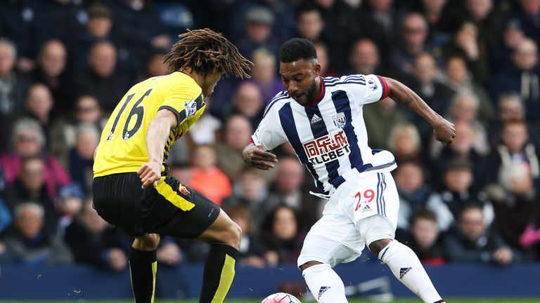 West Brom's Stephane Sessegnon is closed down by Nathan Ake of Watford