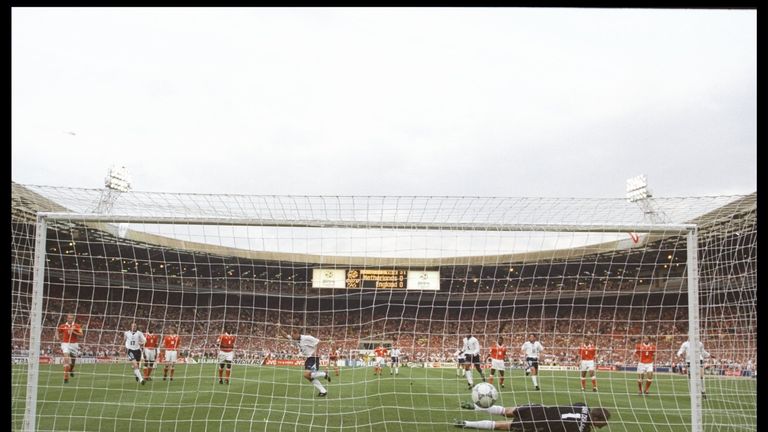 18 Jun 1996:  Alan Shearer of England scores a penalty against Holland in the Group A match at Wembley 