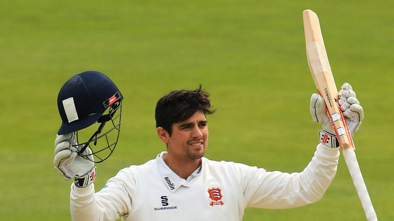 Alastair Cook of Essex celebrates reaching a century against Gloucestershire in the County Championship