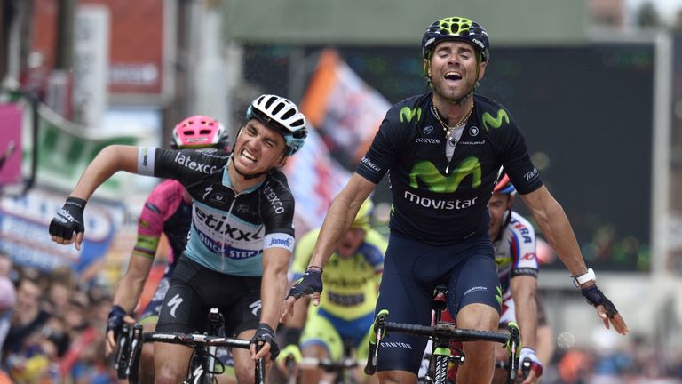 Spain's Alejandro Valverde (R) celebrates after winning ahead of France's Julian Alaphilippe 