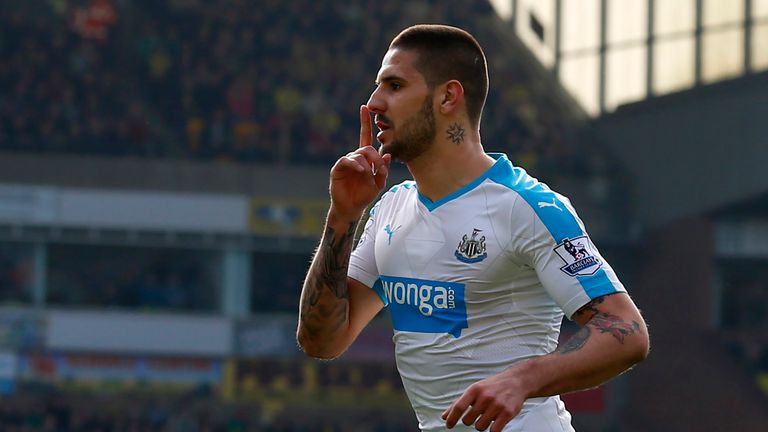 Newcastle Uniteds Serbian striker Aleksandar Mitrovic celebrates after scoring during the English Premier League 