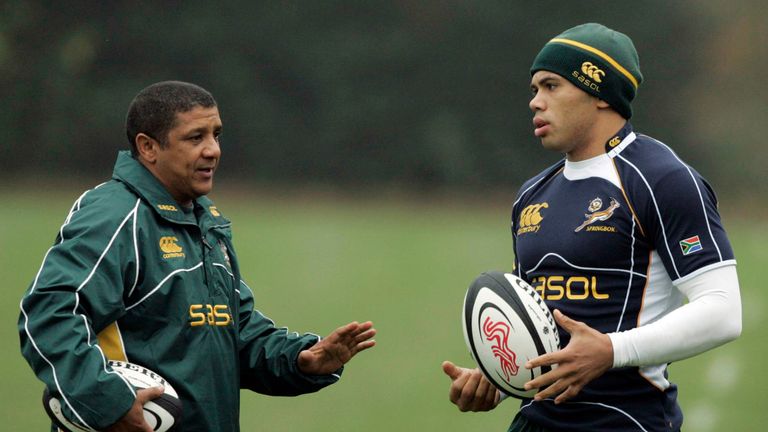 Allister Coetzee and Bryan Habana during the Springboks training session at Mill Hill school on November 17, 2007 in London, England.
