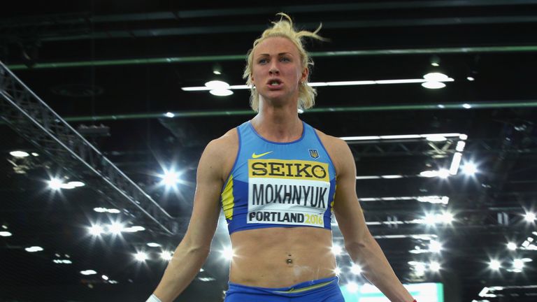 Anastasiya Mokhnyuk of Ukraine competes in the womens's pentathlon at the World Indoor Championships in Portland