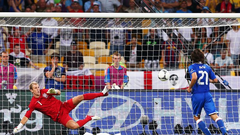 KIEV, UKRAINE - JUNE 24:  Andrea Pirlo of Italy chips the ball in the penalty shootout past Joe Hart of England 