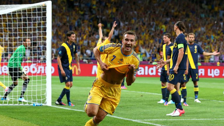 KIEV, UKRAINE - JUNE 11:  Andriy Shevchenko of Ukraine celebrates scoring their second goal during the UEFA 