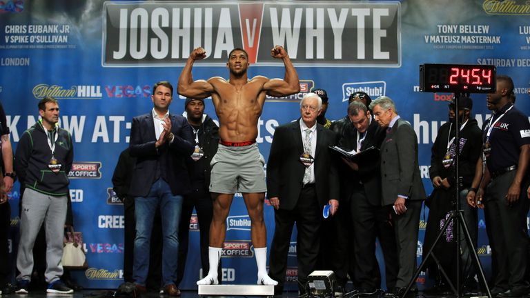 Anthony Joshua weighs in for his fight with Dillian Whyte at Indigo at The O2, London.