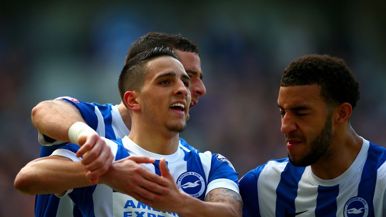 Anthony Knockaert of Brighton celebrates after scoring against Burnley