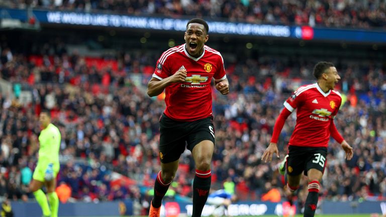 Anthony Martial of Manchester United celebrates scoring his side's second goal