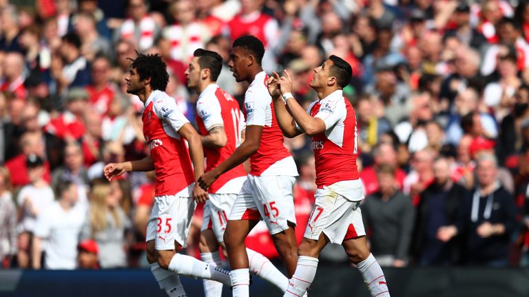 Alexis Sanchez of Arsenal celebrates scoring his team's first goal against Watford