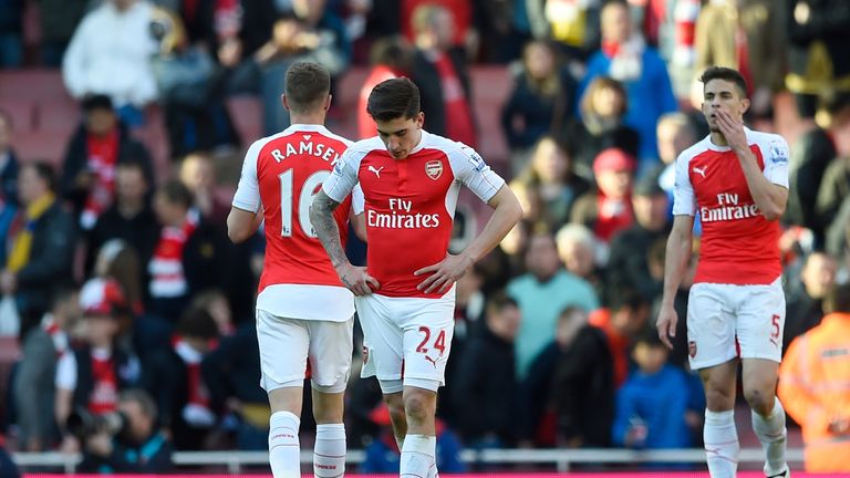 LONDON, ENGLAND - APRIL 17:  Hector Bellerin of Arsenal looks dejected following the Barclays Premier League match between Arsenal and Crystal Palace