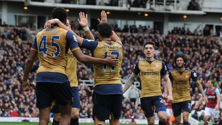 Alexis Sanchez and Alex Iwobi celebrate Arsenal's second goal