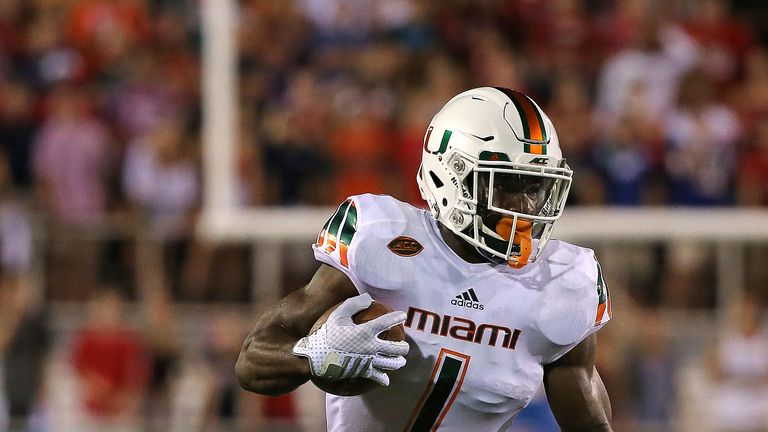 BOCA RATON, FL - SEPTEMBER 11:  Artie Burns #1 of the Miami Hurricanes rushes during a game against the Florida Atlantic Owls at FAU Stadium on September 1