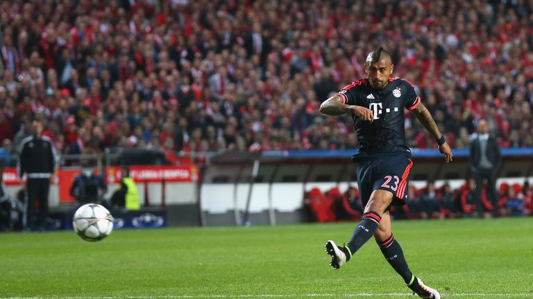 Arturo Vidal of Bayern Muenchen scores his team's opening goal during the UEFA Champions League quarter final second leg match bet