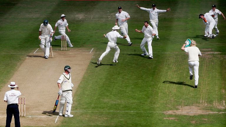 Stephen Harmison claims the wicket of Michael Kasprowicz, caught by Geraint Jones at Edgbaston in 2005 Ashes