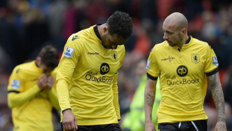 Aston VIlla players leave the Old Trafford field following their club's relegation from the Premier League