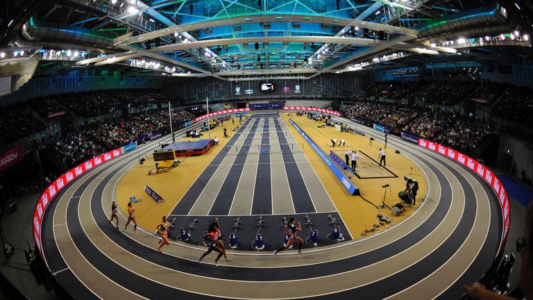 A general view shows athletes competing during the Glasgow Indoor Grand Prix at the Emirates Arena in Glasgow 