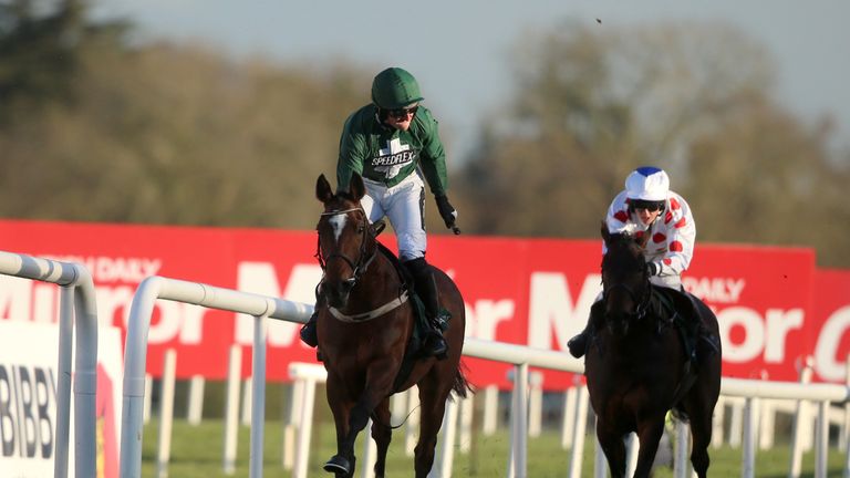 Augusta Kate ridden by Patrick Mullins celebrates winning the Weatherbys Ireland E.B.F. Mares Flat Race during day two of the Punchestown Festival at Punch
