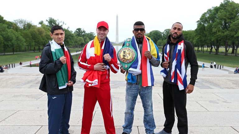 (L-R) Rogelio Medina, Lucian Bute, WBC Champion Badou Jack, and IBF Champion James DeGale get ready for their bouts in Washington