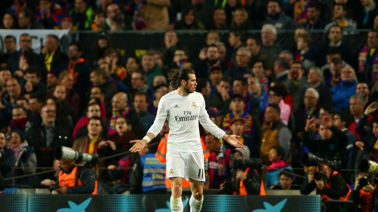 Gareth Bale of Real Madrid CF reacts after having a goal disallowed during the La Liga match between FC Barcelona and Real M