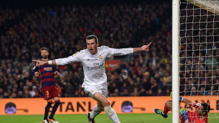 Gareth Bale of Real Madrid CF celebrates before having his goal disallowed during the La Liga match between FC Barcelona and 