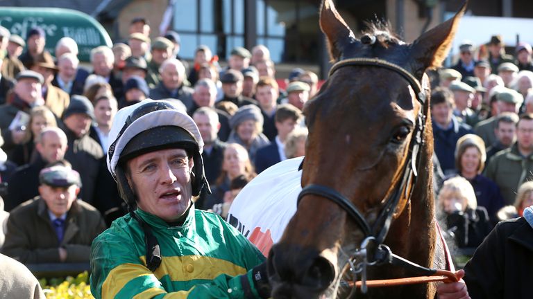 Jockey Barry Geraghty celebrates winning the Bibby Financial Services Ireland Punchestown Gold Cup on Carlingford Lough during day two of the Punchestown F