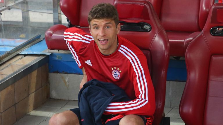 Thomas Muller sits on the bench prior to the UEFA Champions League semi final first leg match between Atletico Madrid and Bayern Munich