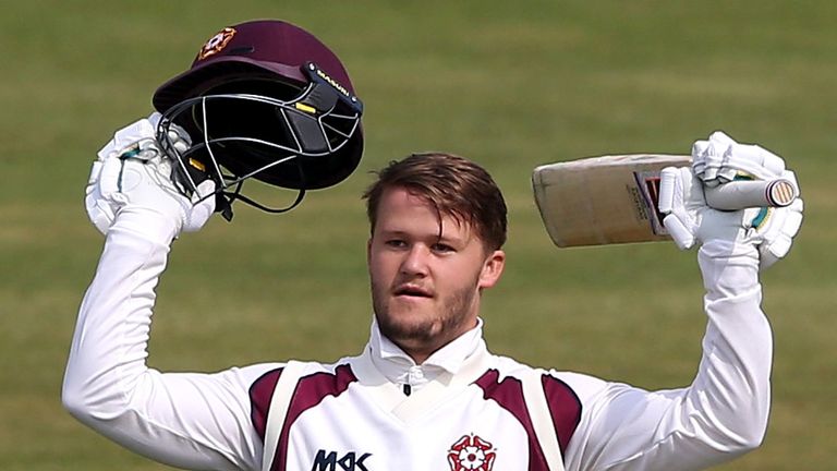 Ben Duckett celebrates his double century for Northants v Sussex in the County Championship