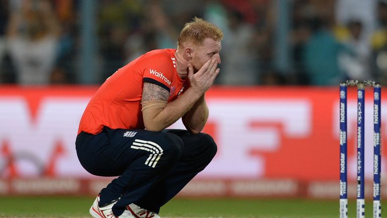 KOLKATA, WEST BENGAL - APRIL 03:  Ben Stokes of England reacts after being hits for six runs in the final over during the ICC World Twenty20 India 2016 Fin