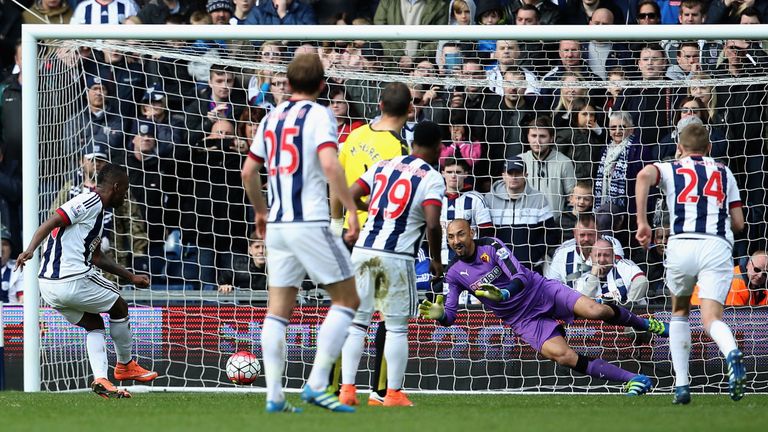 Saido Berahino's first penalty for West Brom is saved by Watford's Heurelho Gomes