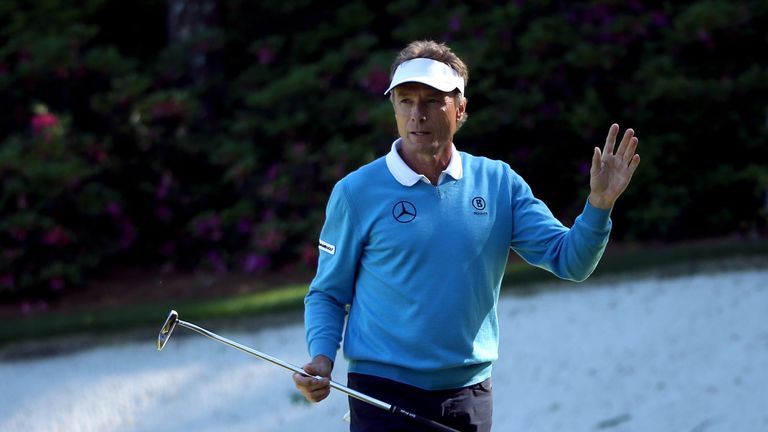 Bernhard Langer of Germany reacts to his birdie on the 13th hole during the third round of the 2016 Masters Tournament at Augusta