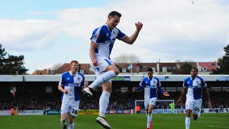 BRISTOL, UNITED KINGDOM - APRIL 23: Billy Bodin of Bristol Rovers celebrates after scoring his sides first goal during the Sky Bet League Two match between