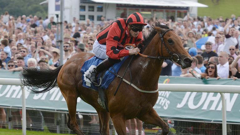 Birdman ridden by Phillip Makin wins the John Smith's Racing Stakes at York in July 2015