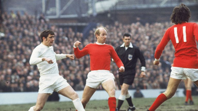 Sir Bobby Charlton in action for Manchester United against Leeds United