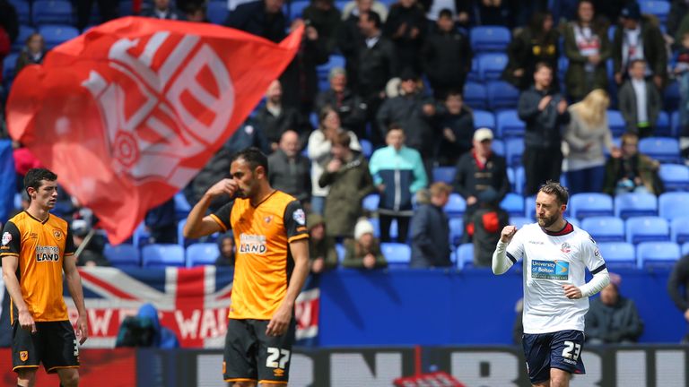 BOLTON, ENGLAND - APRIL 30:  Stephen Dobbie (1st R) of Bolton Wanderers celeberates scoring his team's first goal during the Sky Bet Championship match bet