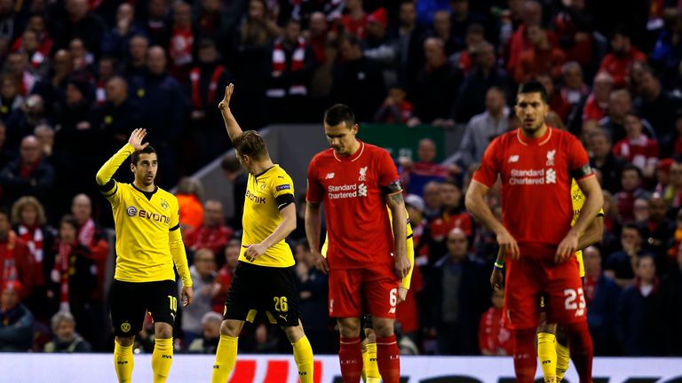 Borussia Dortmund's Henrikh Mkhitaryan celebrates scoring the opening goal during the UEFA Europa League Quarter Final, Second Leg match v Liverpool