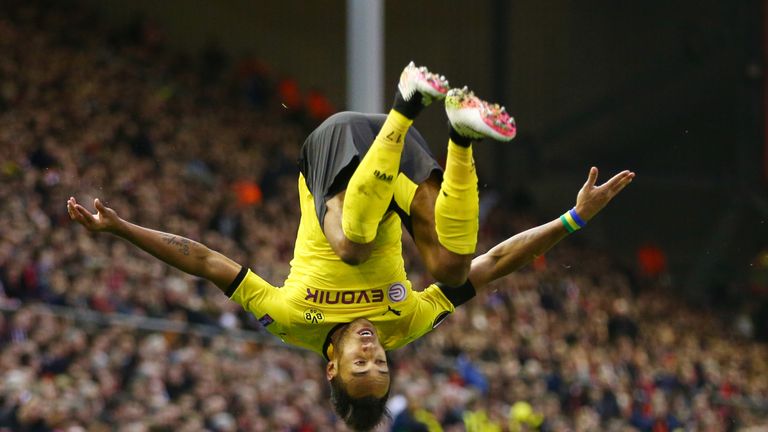Pierre-Emerick Aubameyang of Borussia Dortmund celebrates scoring his team's second goal 