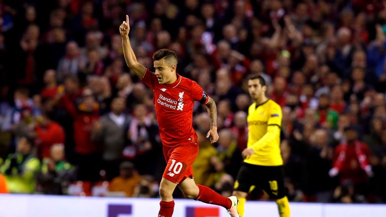 Liverpool's Philippe Coutinho celebrates after scoring his side's second goal during the UEFA Europa League Quarter Final, Second Leg v Borussia Dortmund