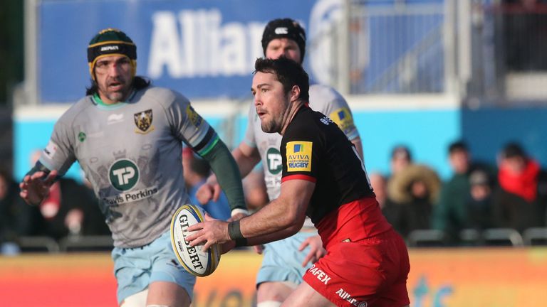  Brad Barritt of Saracens runs with the ball during the Aviva Premiership match between Saracens and Northampton 