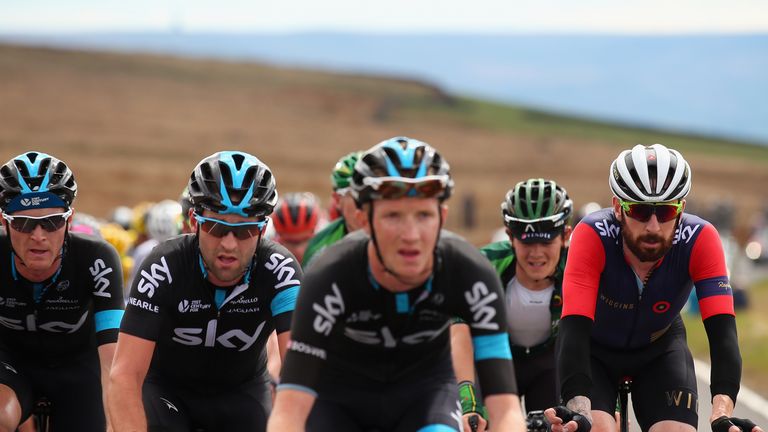 Sir Bradley Wiggins of Team Wiggins behind Ian Boswell of Team Sky. Tour de Yorkshire. 
