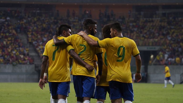 Brazil's U23 team celebrate scoring against Haiti in an Olympics warm-up game