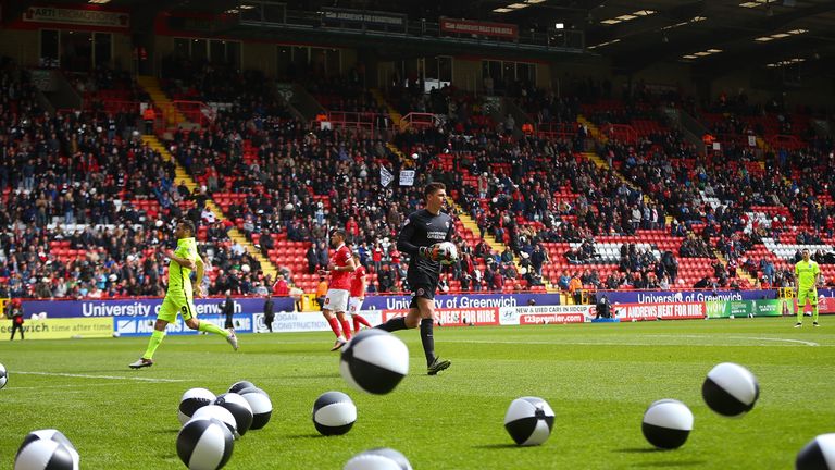 Inflatable balloons are thrown onto the pitch at kick-off during the Sky Bet Championship match between Charlton Athletic and Brighton and Hove Albion.