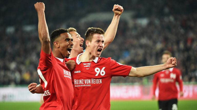  Waldemar Anton of Hannover celebrates scoring his goal during the Bundesliga match between Hannover 96 and Borussia Moenchengladbach 
