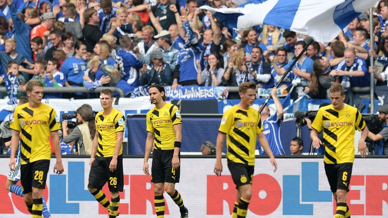 During the Bundesliga match between FC Schalke 04 and Borussia Dortmund at Veltins Arena on September 27, 2014 in Gelsenkirchen, Germany.