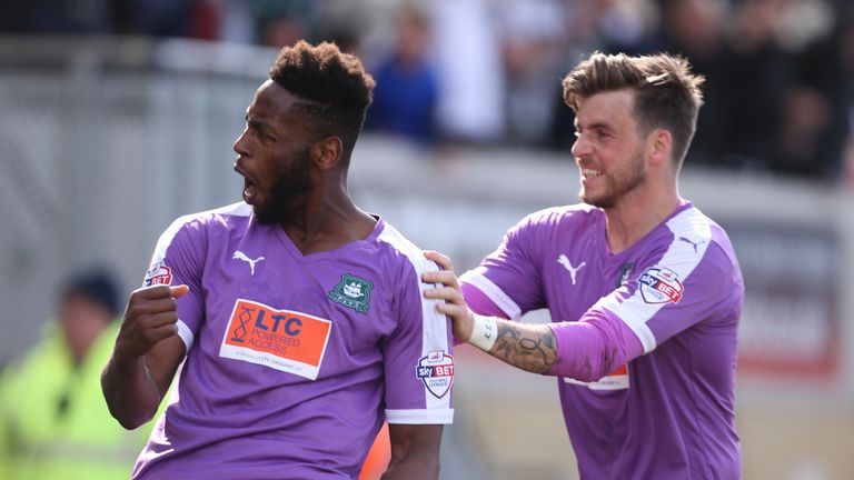 Plymouth Argyle's Jamille Matt celebrates scoring his side's first goal of the match at Cambridge with team-mate Graham Carey, League Two
