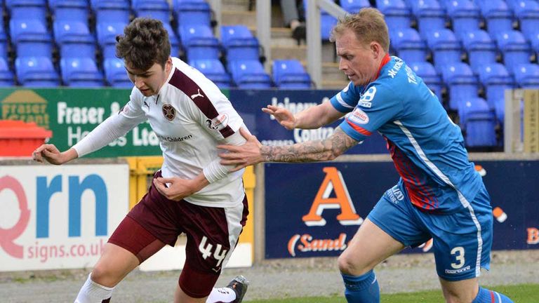 Inverness' Carl Tremarco (right) challenges Hearts' Dario Zanatta