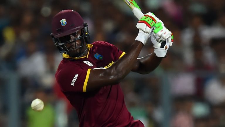 Carlos Brathwaite plays a shot during the World T20 cricket tournament final match between England and West Indies