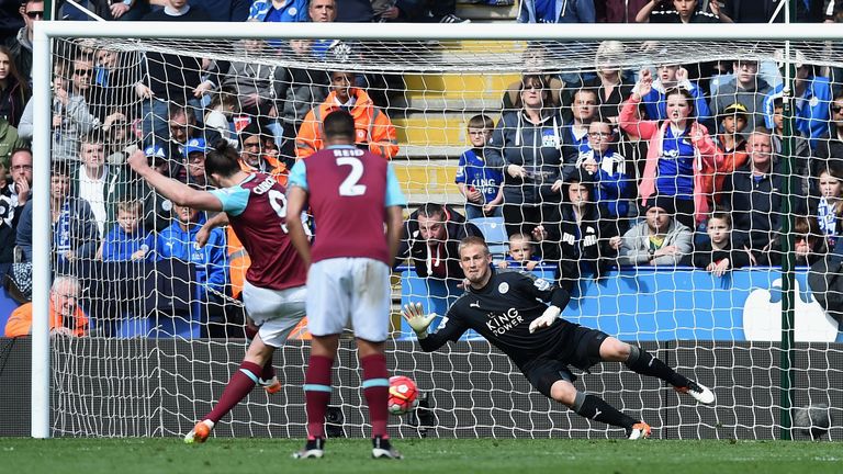 Andy Carroll scores West Ham's equaliser from the penalty spot against Leicester