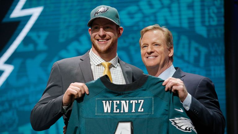 CHICAGO, IL - APRIL 28:  (L-R) Carson Wentz of the North Dakota State Bison holds up a jersey with NFL Commissioner Roger Goodell after being picked #2 ove